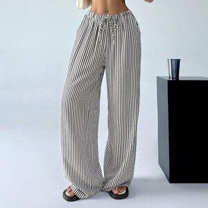 Black And White Casual Women's Striped & Printed Long Pants